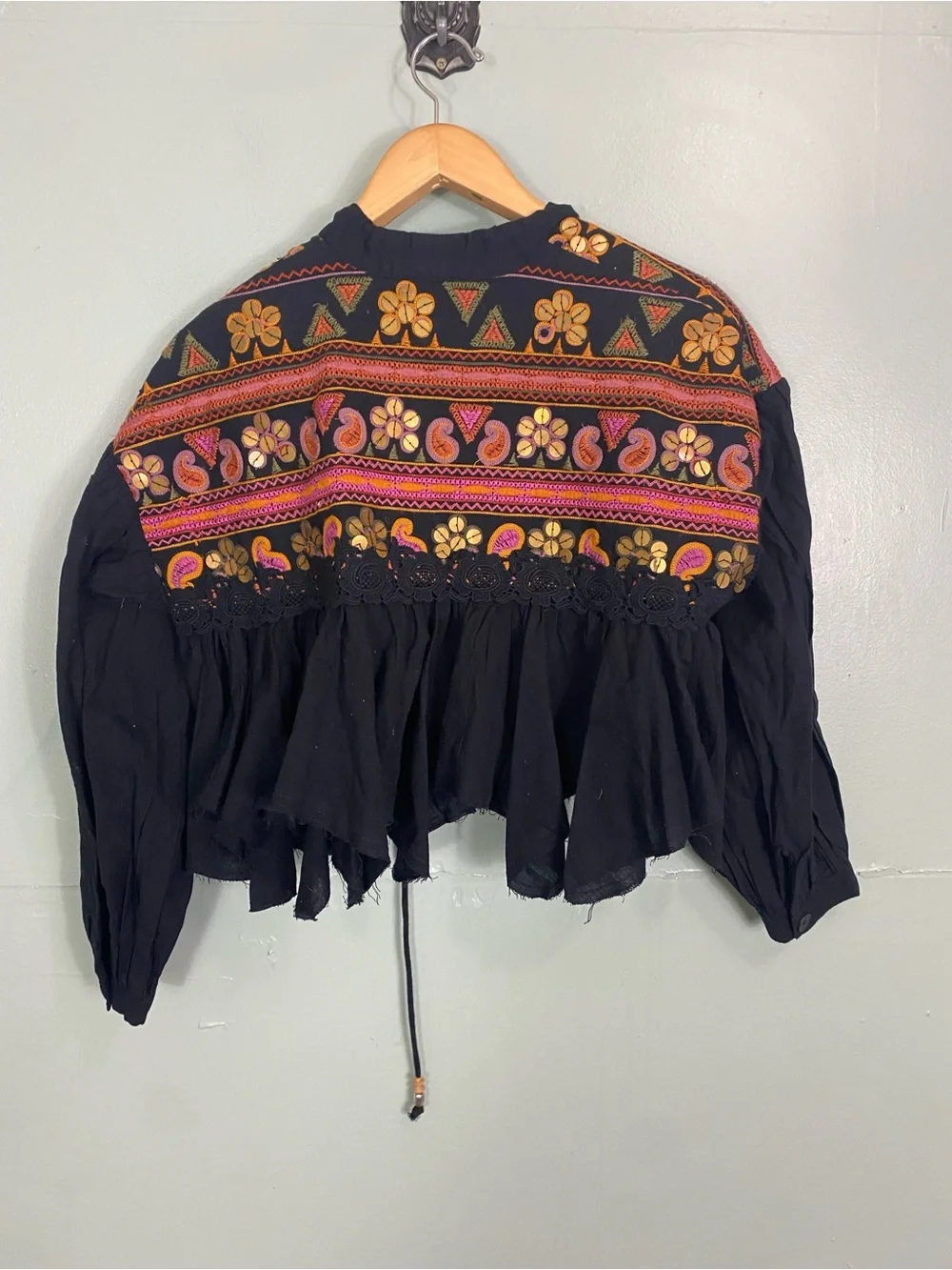 Free‎ People Savannah Bed Jacket Tribal Festival Embroidered XS Black